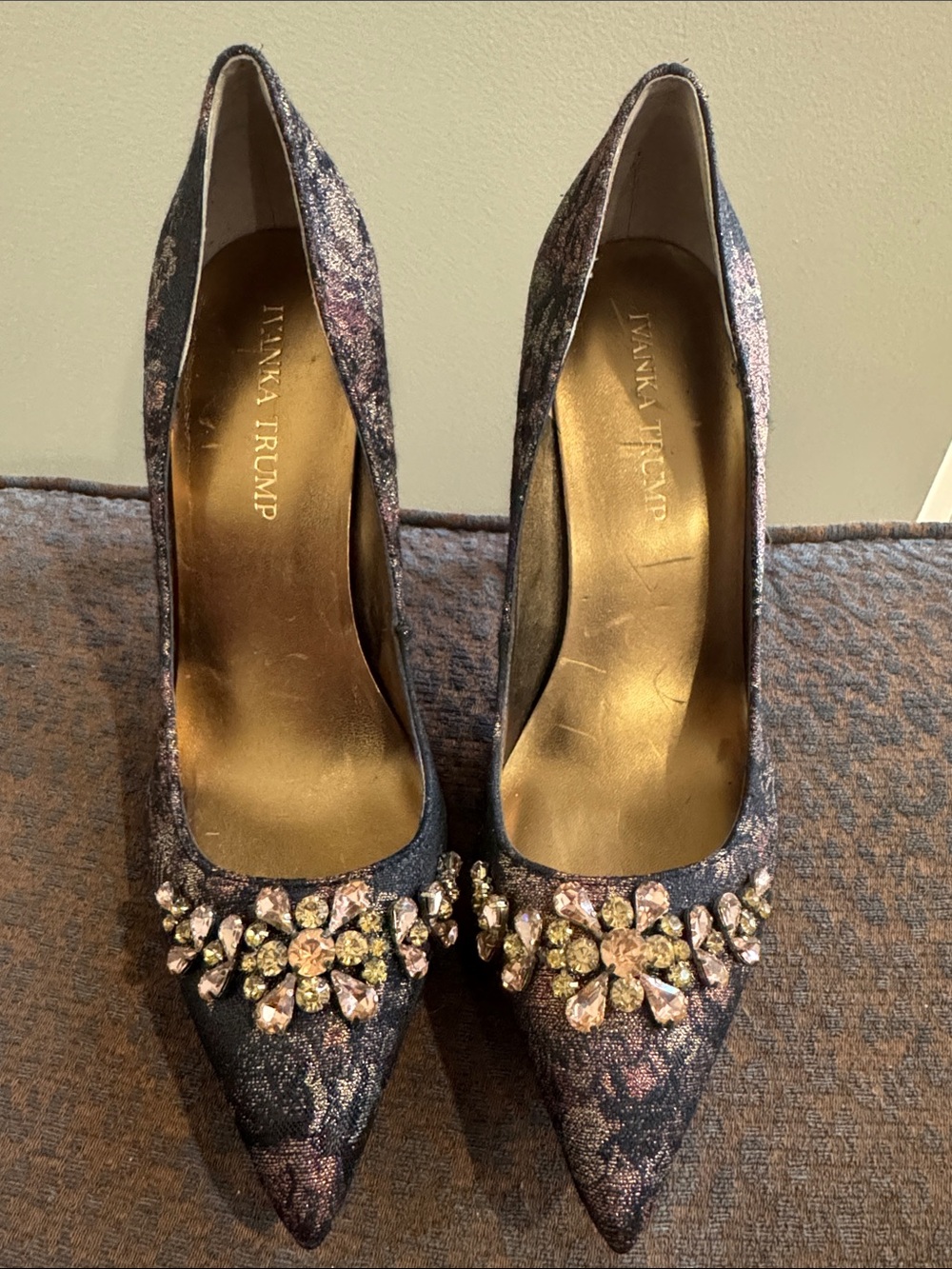 Ivanka Trump Blacck and Pink Jeweled Pointed-Toe Pumps